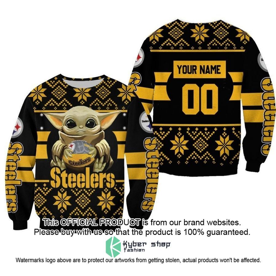 Personalized Baby Yoda Hugs Pittsburgh Steelers NFL Christmas Sweater word3