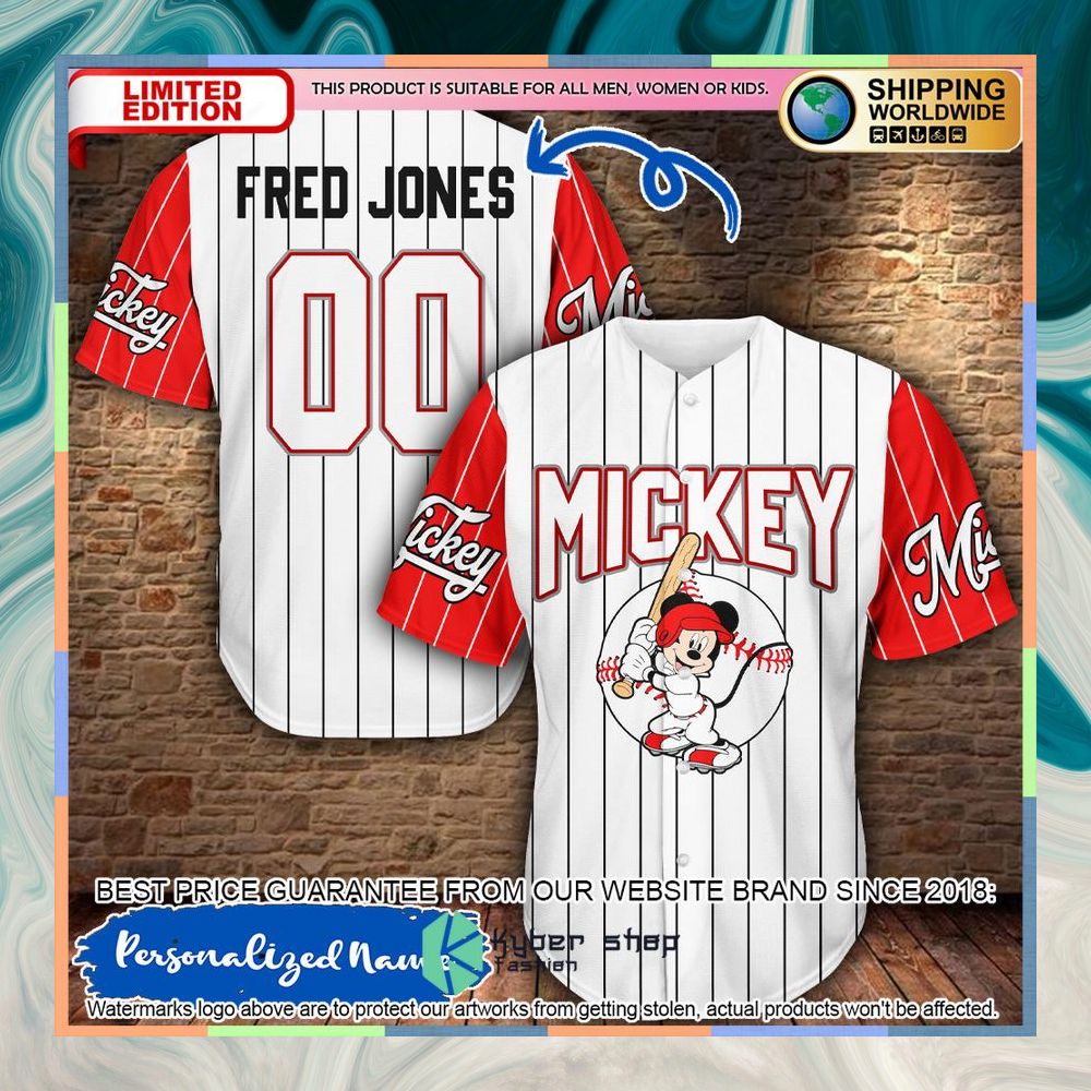 Personalized Mickey Mouse white striped Baseball Jersey 5 Personalized Mickey Mouse white striped Baseball Jersey word1