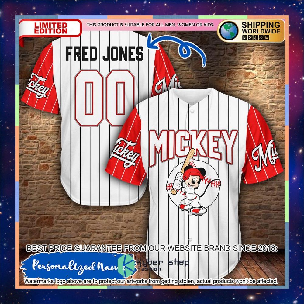 Personalized Mickey Mouse white striped Baseball Jersey 3 Personalized Mickey Mouse white striped Baseball Jersey word1