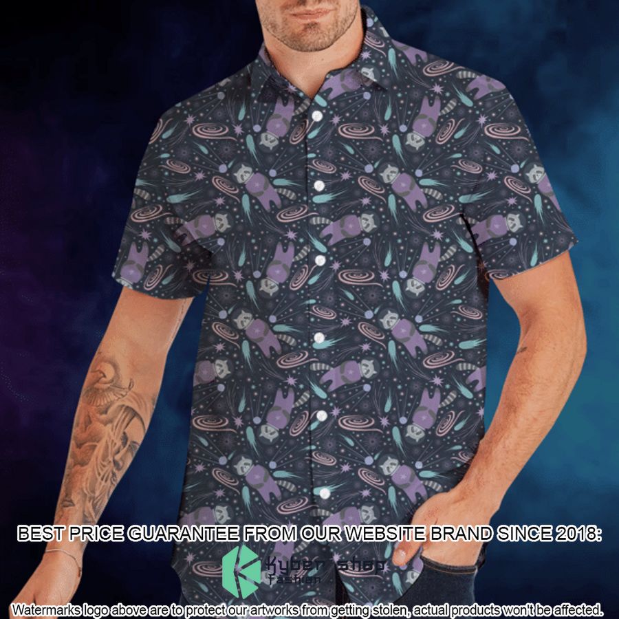 Raccoon Astronaut Hawaiian Button Up Shirt word1