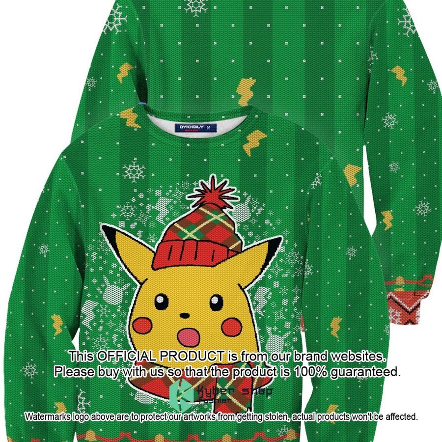 Shocked Pikachu green Christmas Sweater word3