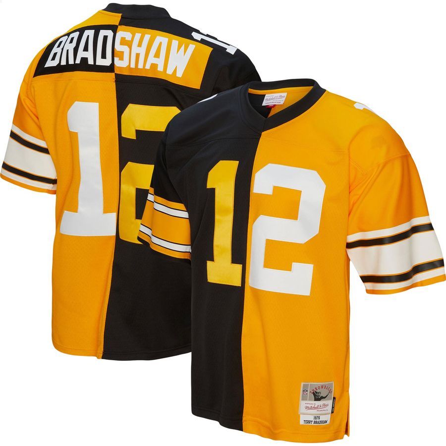 Terry Bradshaw Pittsburgh Steelers Mitchell & Ness 1976 Split Legacy Replica Black Gold Football Jersey