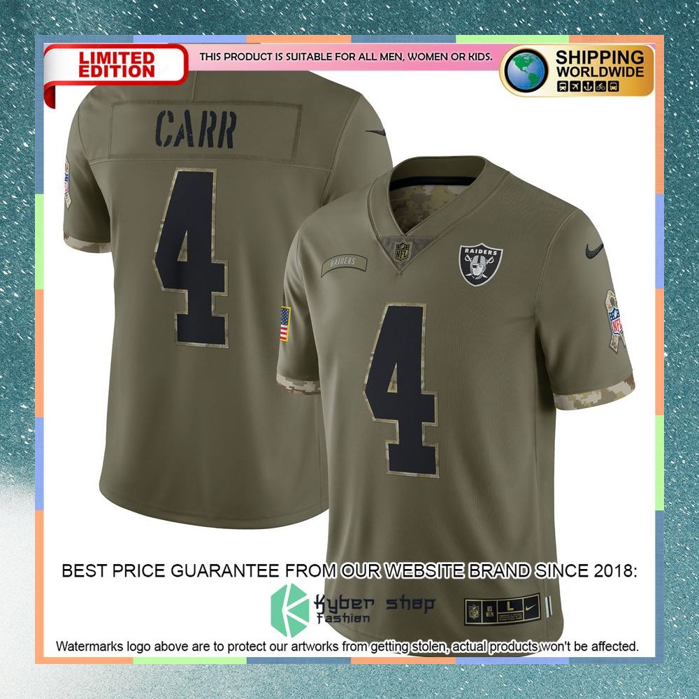 Derek Carr Las Vegas Raiders 2022 Salute To Service Olive Football Jersey 5 Derek Carr Las Vegas Raiders 2022 Salute To Service Olive Football Jersey word3