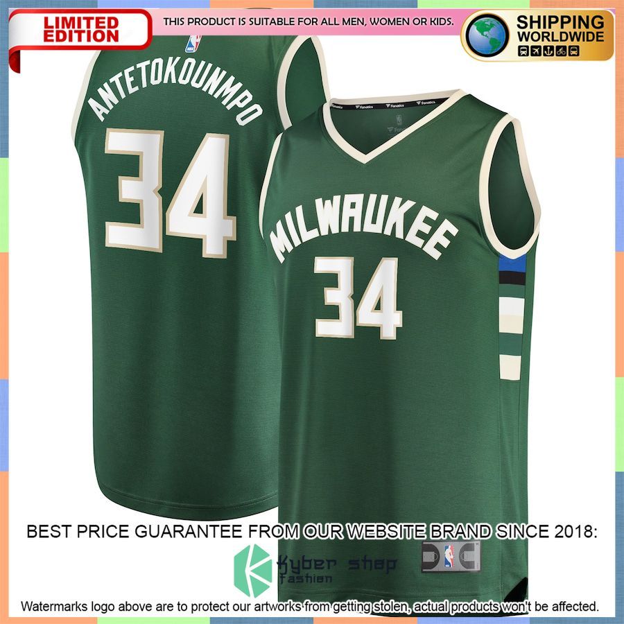 Giannis Antetokounmpo Milwaukee Bucks Player Hunter Green Basketball Jersey
