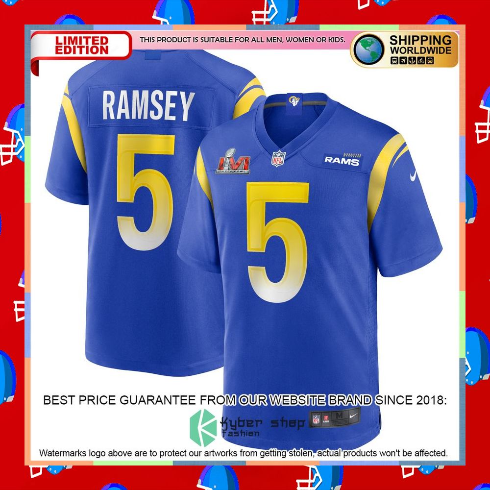 Jalen Ramsey Los Angeles Rams Super Bowl LVI Football Patch Royal Football Jersey 5 Jalen Ramsey Los Angeles Rams Super Bowl LVI Football Patch Royal Football Jersey word1