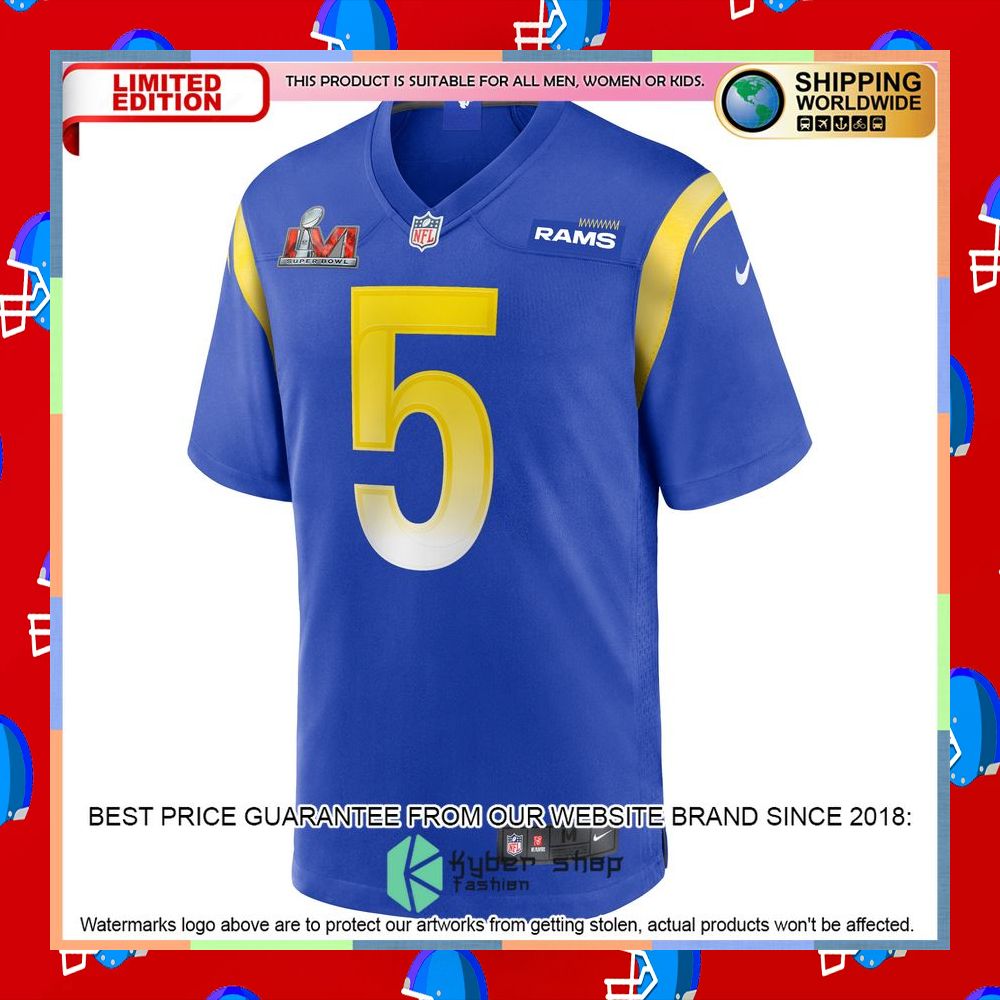 Jalen Ramsey Los Angeles Rams Super Bowl LVI Football Patch Royal Football Jersey 6 Jalen Ramsey Los Angeles Rams Super Bowl LVI Football Patch Royal Football Jersey word1