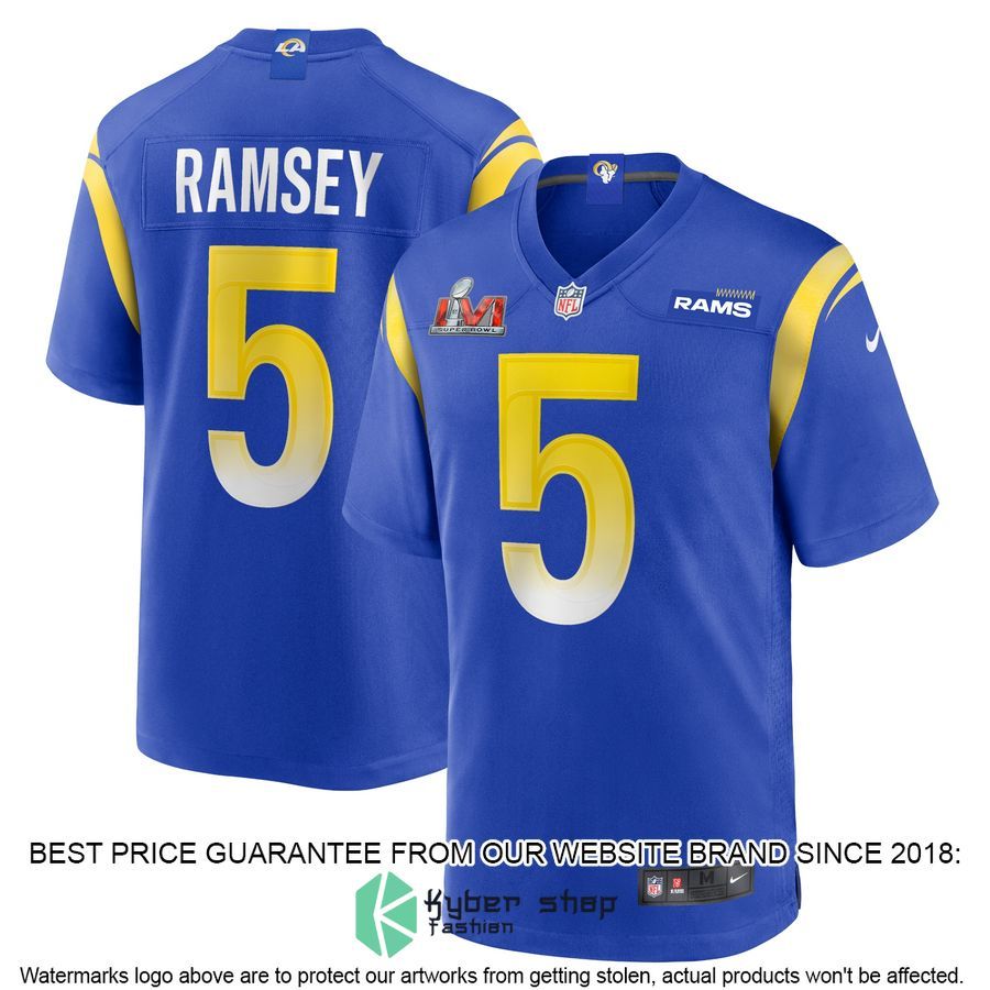 Jalen Ramsey Los Angeles Rams Super Bowl LVI Football Patch Royal Football Jersey 4 Jalen Ramsey Los Angeles Rams Super Bowl LVI Football Patch Royal Football Jersey word1