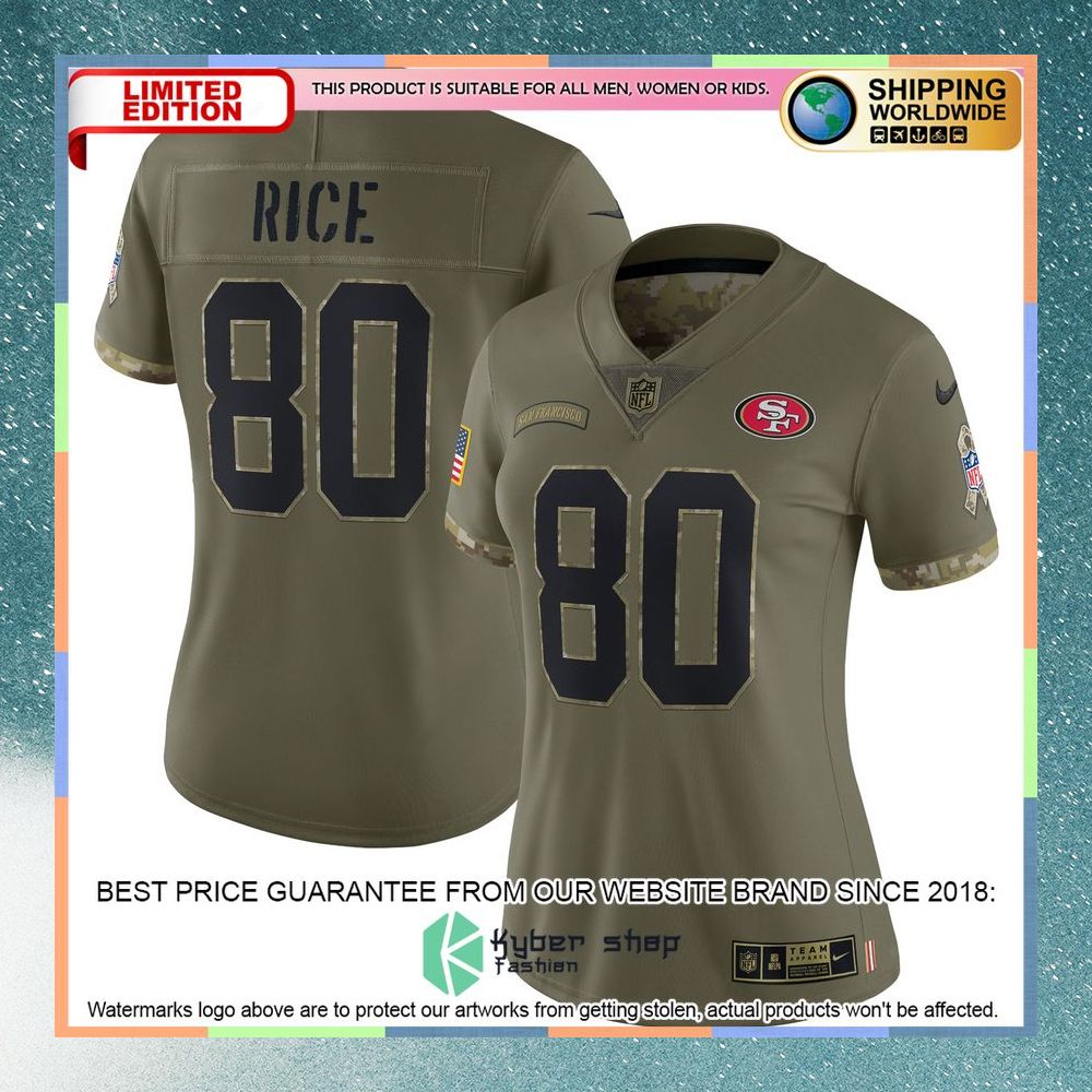 Jerry Rice San Francisco 49ers Women's 2022 Salute To Service Retired Olive Football Jersey 5 Jerry Rice San Francisco 49ers Women's 2022 Salute To Service Retired Olive Football Jersey word1