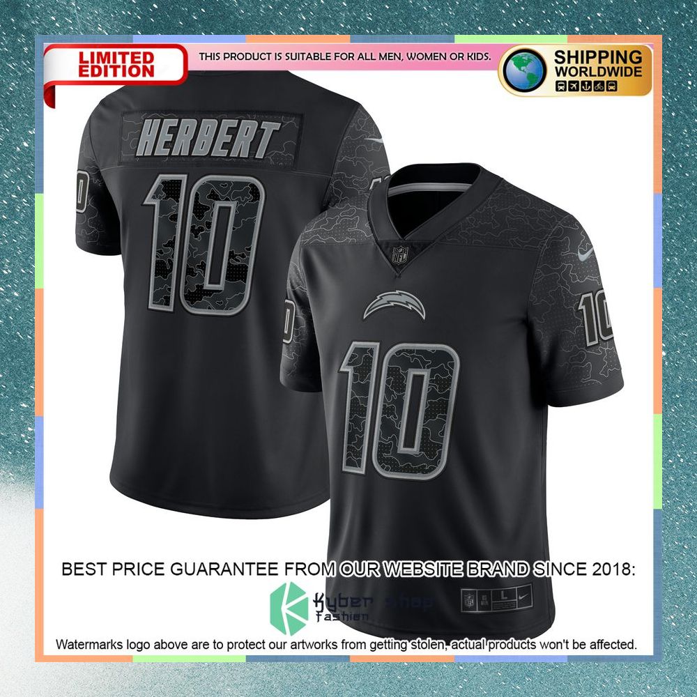 Justin Herbert Los Angeles Chargers RFLCTV Black Football Jersey 5 Justin Herbert Los Angeles Chargers RFLCTV Black Football Jersey word1