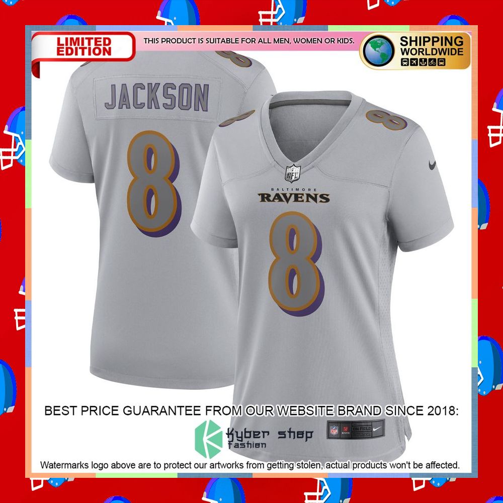 Lamar Jackson Baltimore Ravens Women's Atmosphere Fashion Gray Football Jersey 5 Lamar Jackson Baltimore Ravens Women's Atmosphere Fashion Gray Football Jersey word2