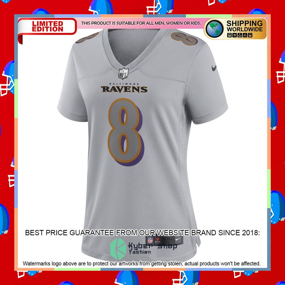 Lamar Jackson Baltimore Ravens Women's Atmosphere Fashion Gray Football Jersey 6 Lamar Jackson Baltimore Ravens Women's Atmosphere Fashion Gray Football Jersey word2