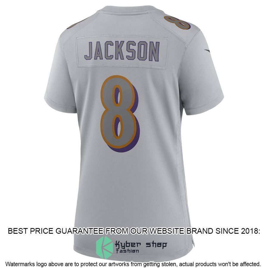 Lamar Jackson Baltimore Ravens Women's Atmosphere Fashion Gray Football Jersey 3 Lamar Jackson Baltimore Ravens Women's Atmosphere Fashion Gray Football Jersey word2