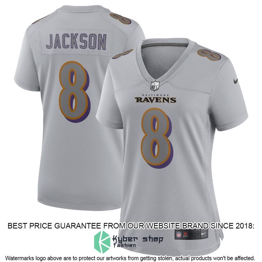 Lamar Jackson Baltimore Ravens Women's Atmosphere Fashion Gray Football Jersey 4 Lamar Jackson Baltimore Ravens Women's Atmosphere Fashion Gray Football Jersey word2