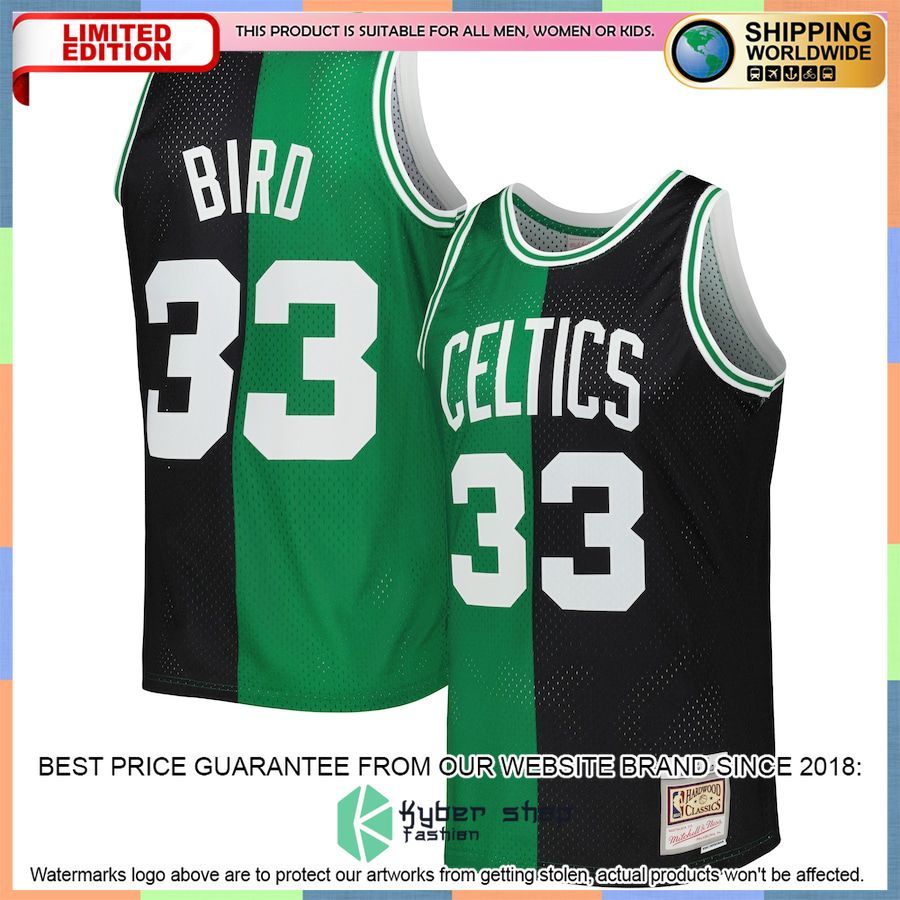 Larry Bird Boston Celtics Mitchell & Ness Hardwood Classics 1985-86 Split Black-Kelly Green Basketball Jersey