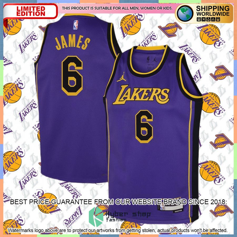 LeBron James Los Angeles Lakers Jordan Brand Youth 2022-23 Purple Basketball Jersey 4 LeBron James Los Angeles Lakers Jordan Brand Youth 2022-23 Purple Basketball Jersey word2