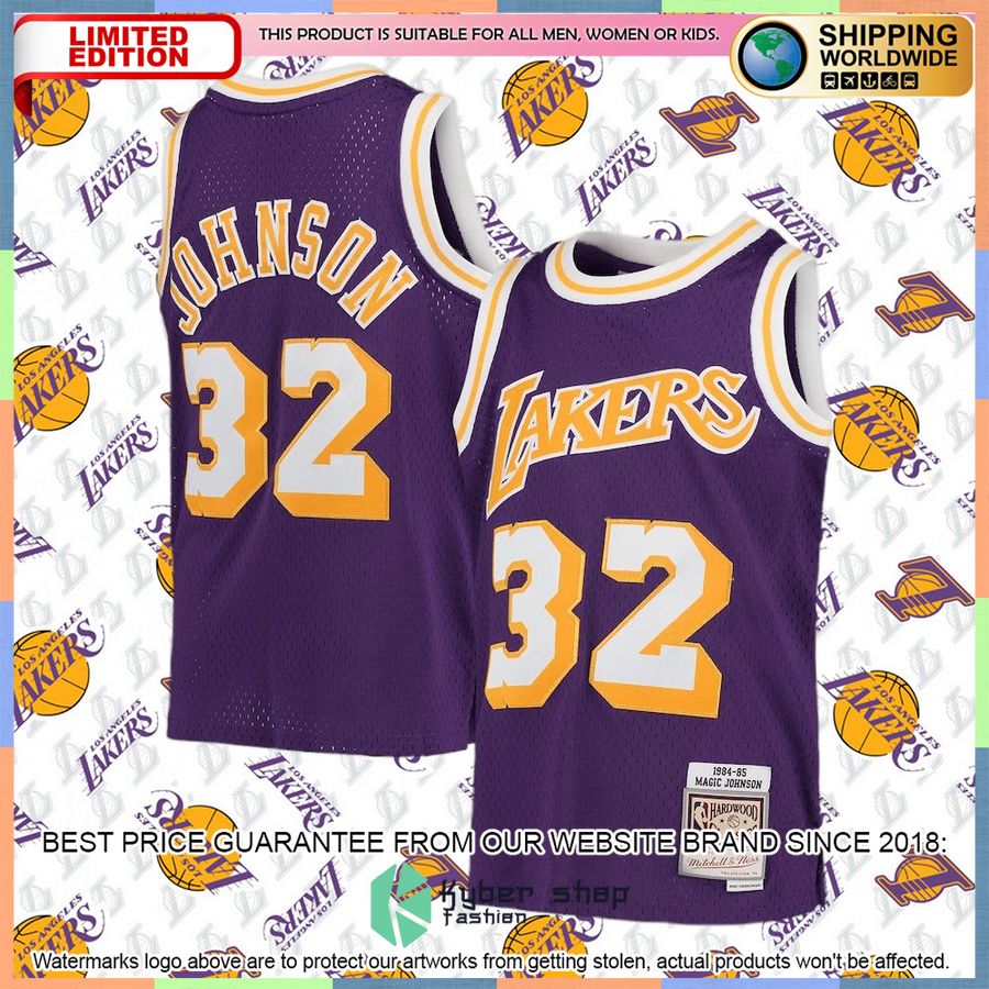 Magic Johnson Los Angeles Lakers Mitchell & Ness Youth 1984-85 Hardwood Classics Throwback Purple Basketball Jersey 4 Magic Johnson Los Angeles Lakers Mitchell & Ness Youth 1984-85 Hardwood Classics Throwback Purple Basketball Jersey word2