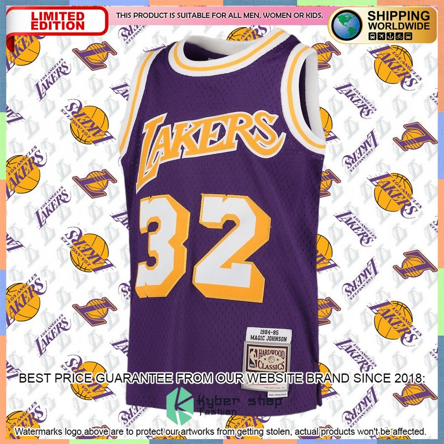 Magic Johnson Los Angeles Lakers Mitchell & Ness Youth 1984-85 Hardwood Classics Throwback Purple Basketball Jersey 5 Magic Johnson Los Angeles Lakers Mitchell & Ness Youth 1984-85 Hardwood Classics Throwback Purple Basketball Jersey word2