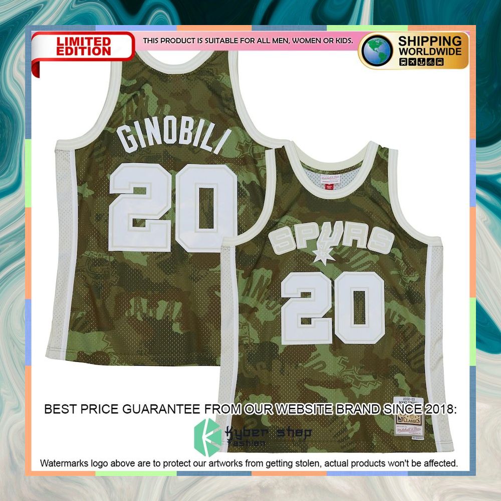 Manu Ginobili San Antonio Spurs Mitchell & Ness Unisex Hardwood Classics 2002-03 Ghost Green Camo Basketball Jersey 4 Manu Ginobili San Antonio Spurs Mitchell & Ness Unisex Hardwood Classics 2002-03 Ghost Green Camo Basketball Jersey word3