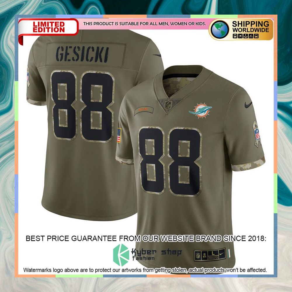 Mike Gesicki Miami Dolphins 2022 Salute To Service Olive Football Jersey 8 Mike Gesicki Miami Dolphins 2022 Salute To Service Olive Football Jersey word2