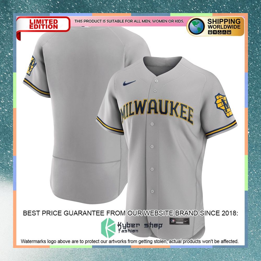 Milwaukee Brewers Road Team Logo Gray Baseball Jersey 4 Milwaukee Brewers Road Team Logo Gray Baseball Jersey word1