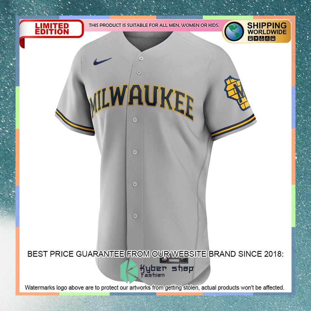 Milwaukee Brewers Road Team Logo Gray Baseball Jersey 5 Milwaukee Brewers Road Team Logo Gray Baseball Jersey word1