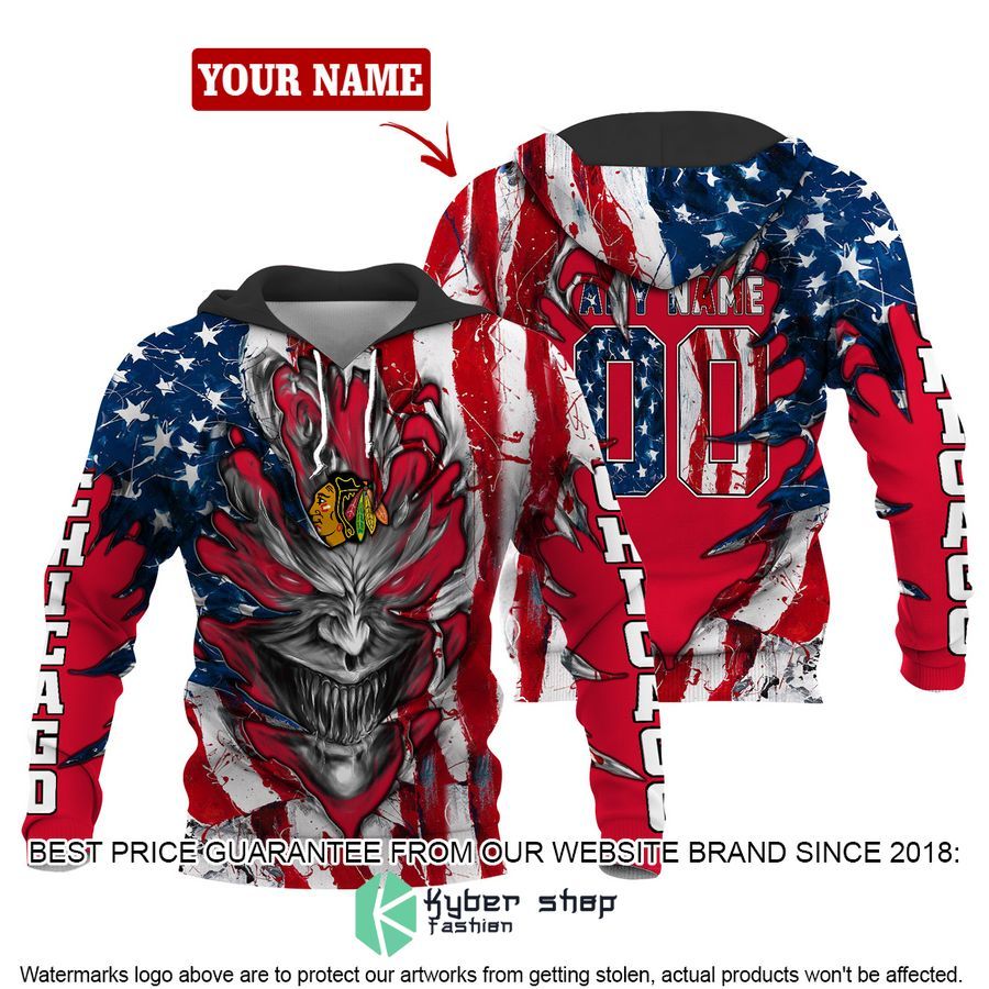 Personalized Chicago Blackhawks Demon US Flag 3D Hoodie