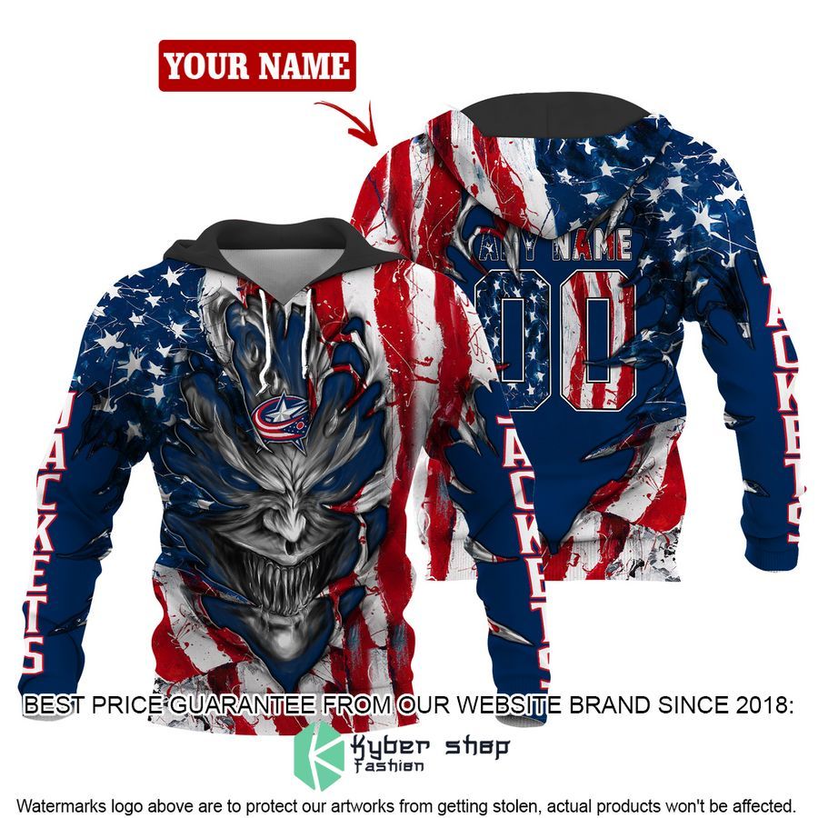 Personalized Columbus Blue Jackets Demon US Flag 3D Hoodie