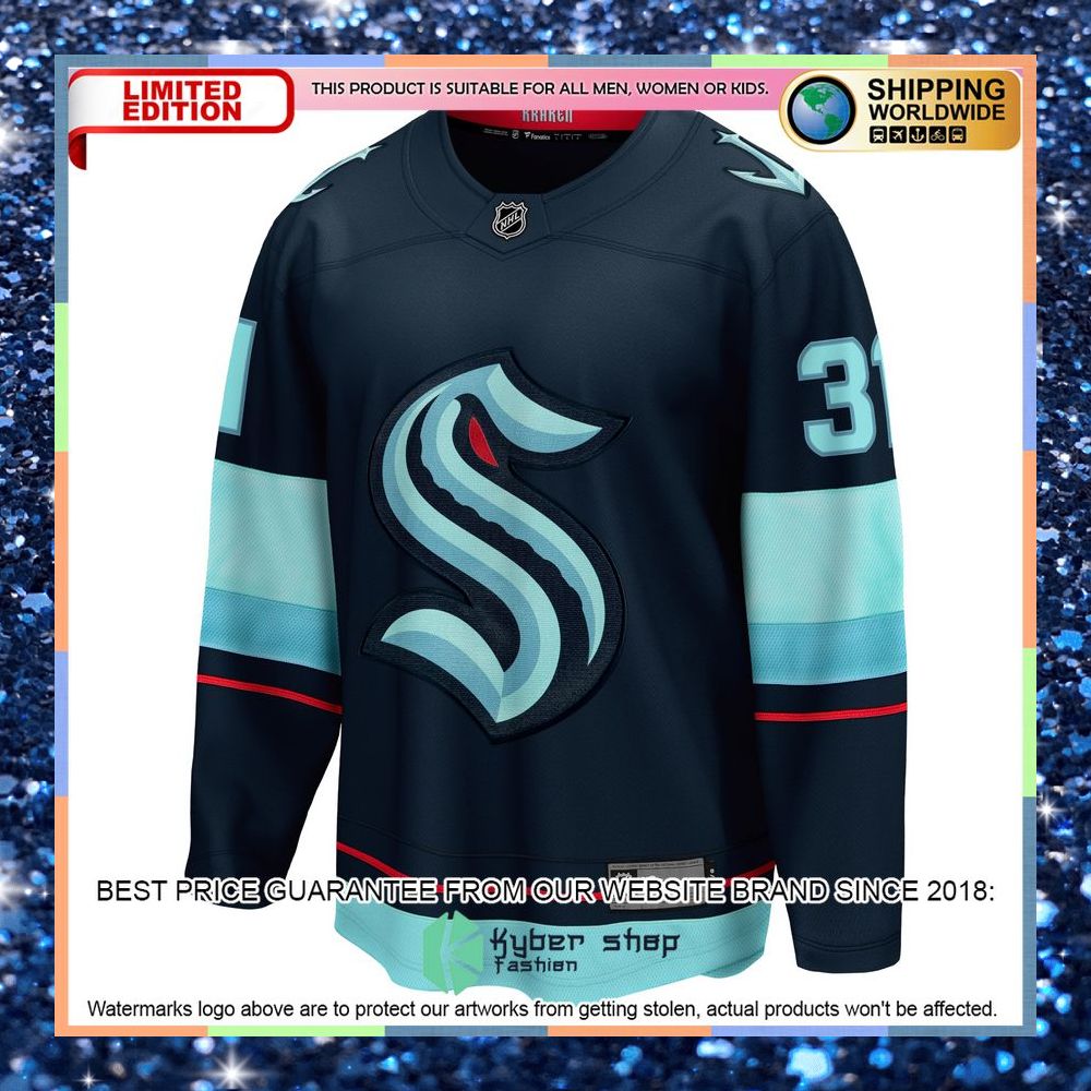 Philipp Grubauer Seattle Kraken Home Premier Deep Sea Blue Hockey Jersey 7 Philipp Grubauer Seattle Kraken Home Premier Deep Sea Blue Hockey Jersey word2