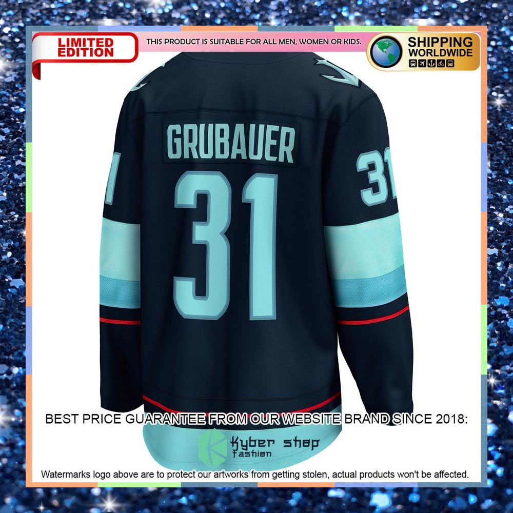 Philipp Grubauer Seattle Kraken Home Premier Deep Sea Blue Hockey Jersey 8 Philipp Grubauer Seattle Kraken Home Premier Deep Sea Blue Hockey Jersey word2