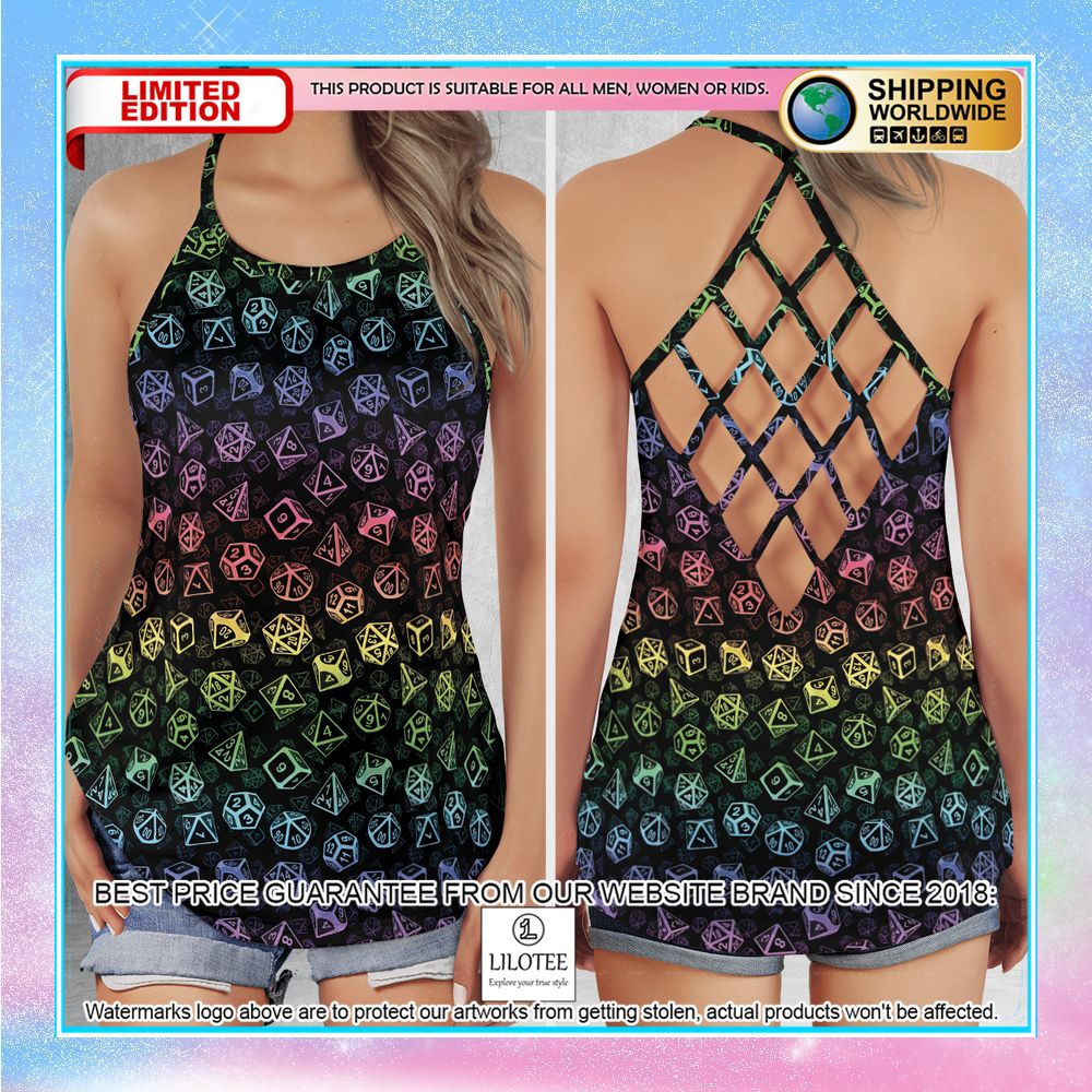 Rainbow Dice Pattern Dungeons and Dragons Criss Cross Open Back Tank Top word2