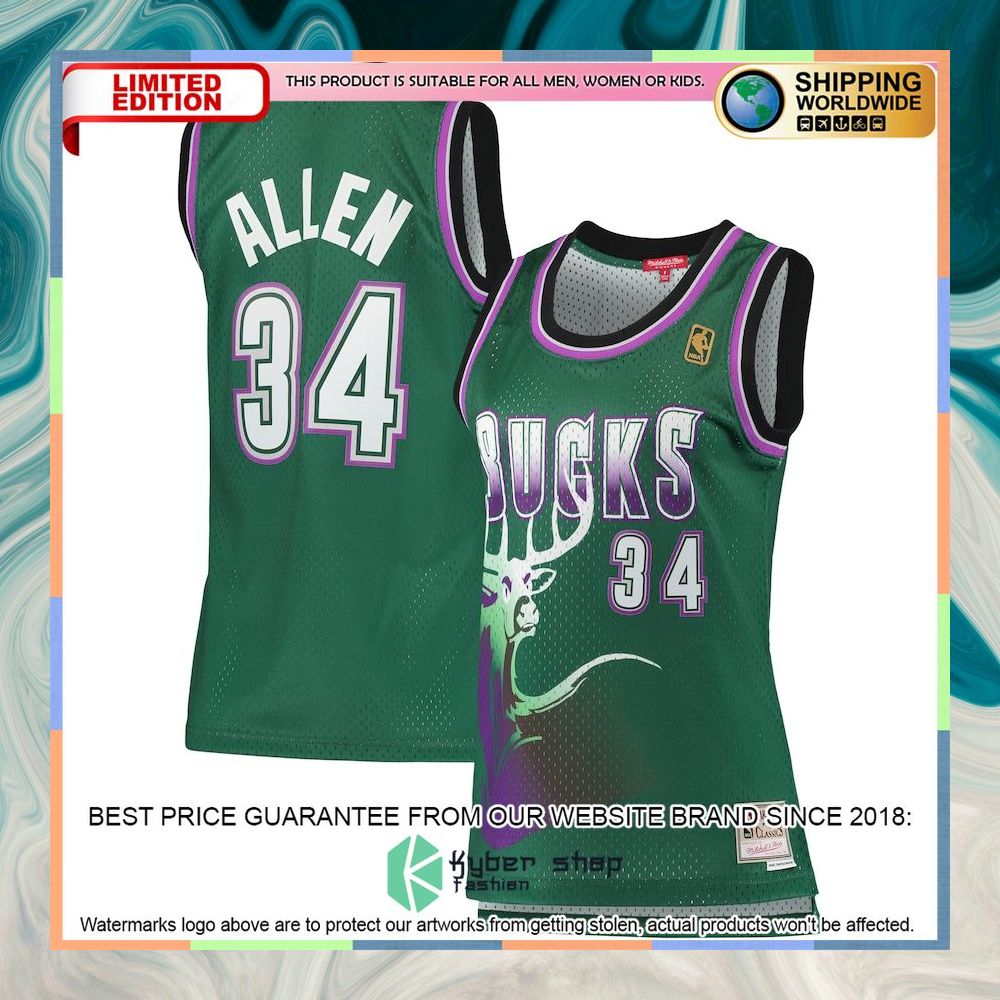 Ray Allen Milwaukee Bucks Mitchell & Ness Women's 1996-97 Hardwood Classics Green Basketball Jersey 4 Ray Allen Milwaukee Bucks Mitchell & Ness Women's 1996-97 Hardwood Classics Green Basketball Jersey word1