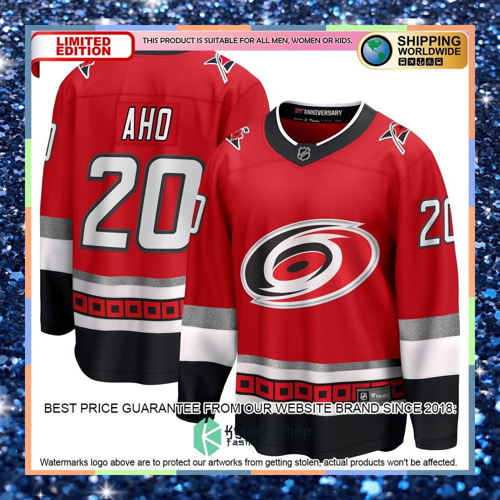 Sebastian Aho Carolina Hurricanes 25th Anniversary Premier Red Hockey Jersey 5 Sebastian Aho Carolina Hurricanes 25th Anniversary Premier Red Hockey Jersey word3