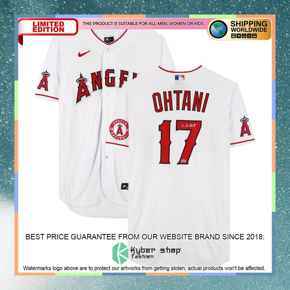 Shohei Ohtani Los Angeles Angels White Kanji Signature Baseball Jersey 4 Shohei Ohtani Los Angeles Angels White Kanji Signature Baseball Jersey word1