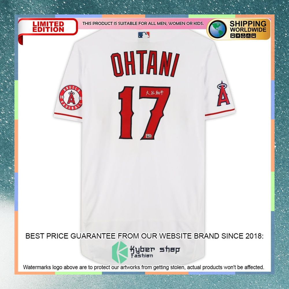 Shohei Ohtani Los Angeles Angels White Kanji Signature Baseball Jersey 5 Shohei Ohtani Los Angeles Angels White Kanji Signature Baseball Jersey word1