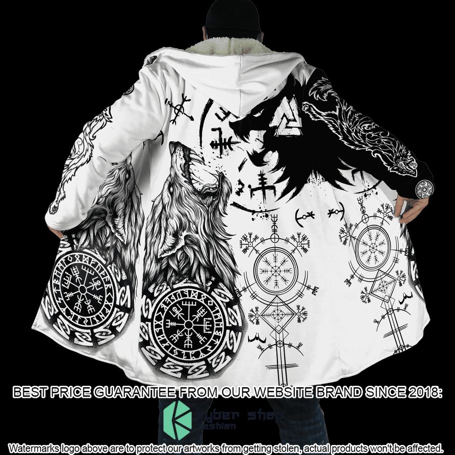 Viking Wolf Tattoo Valknut Vegvisir Black White Hooded Cloak word2
