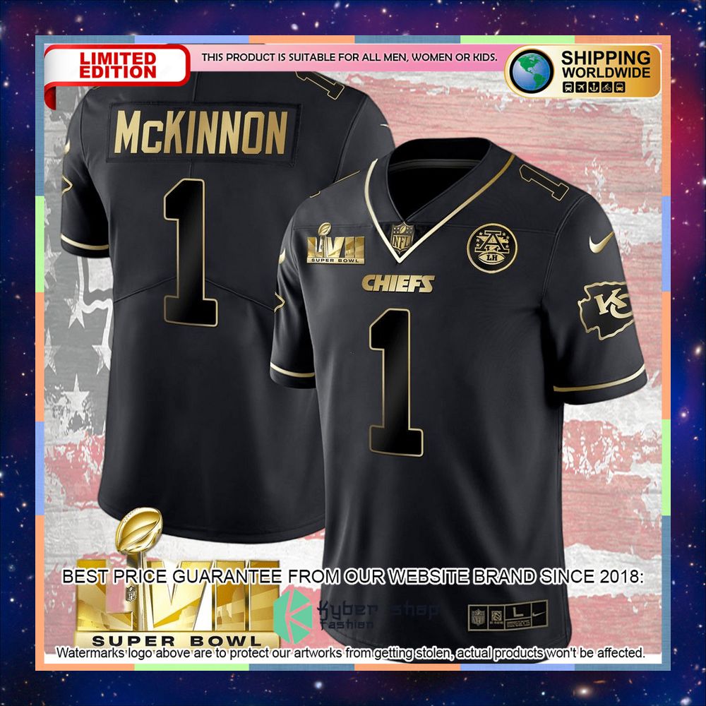 Black Gold SUPER BOWL LVII Jerick McKinnon 1 Football Jersey 6 black gold super bowl lvii jerick mckinnon 1 football jersey 2 356