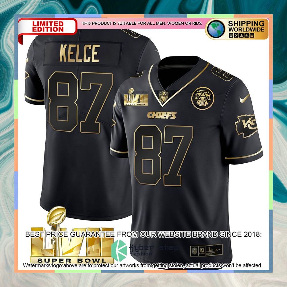 Black Gold SUPER BOWL LVII Travis Kelce 87 Football Jersey 3 black gold super bowl lvii travis kelce 87 football jersey 1 402