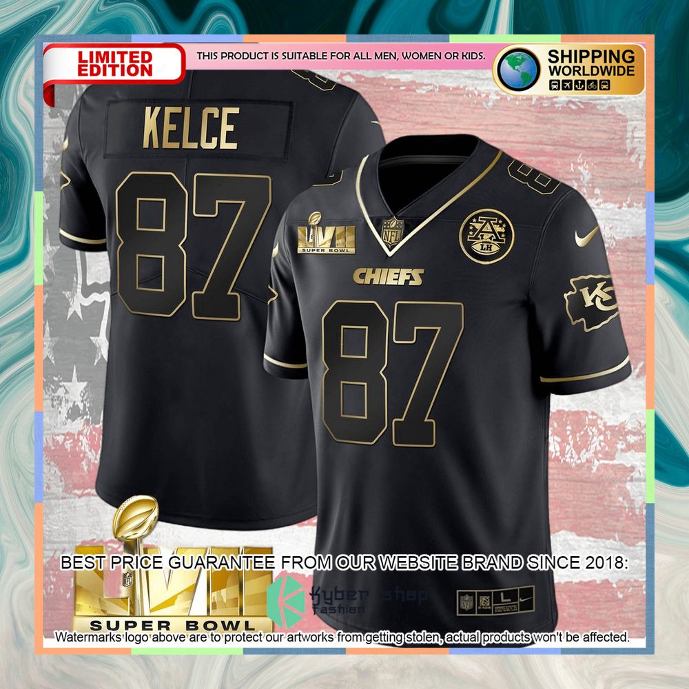 Black Gold SUPER BOWL LVII Travis Kelce 87 Football Jersey 4 black gold super bowl lvii travis kelce 87 football jersey 2 350