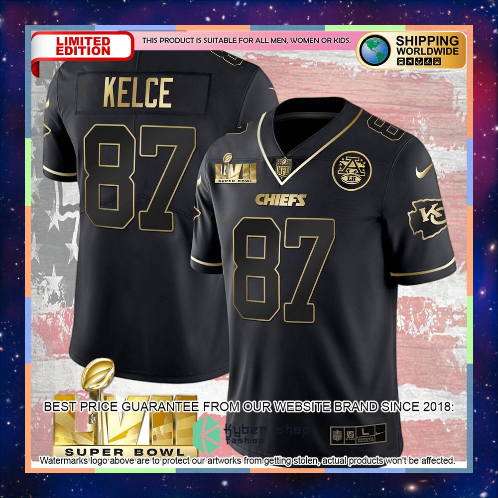 Black Gold SUPER BOWL LVII Travis Kelce 87 Football Jersey 6 black gold super bowl lvii travis kelce 87 football jersey 2 52