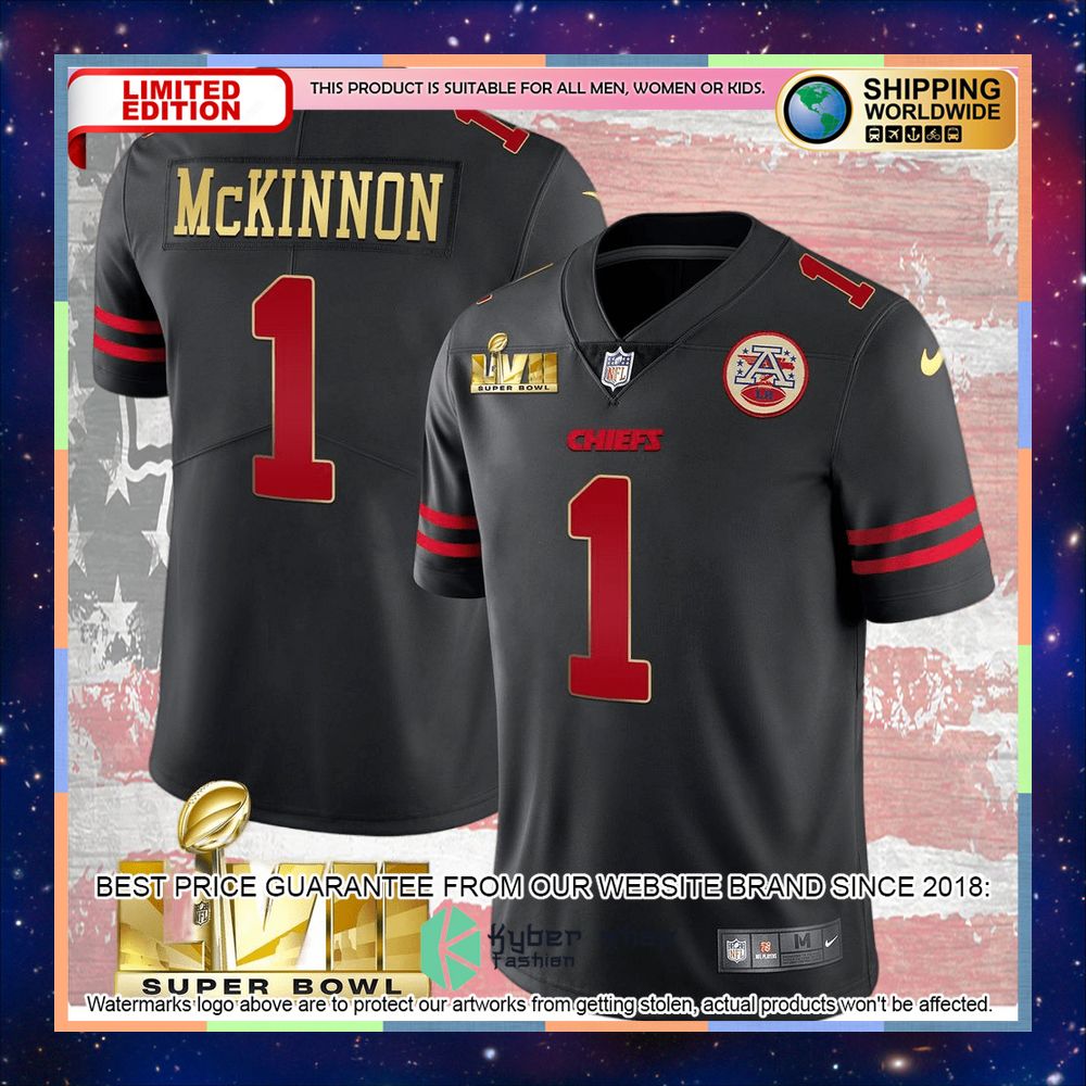 Black gold trim SUPER BOWL LVII Jerick McKinnon 1 Football Jersey 6 black gold trim super bowl lvii jerick mckinnon 1 football jersey 2 593