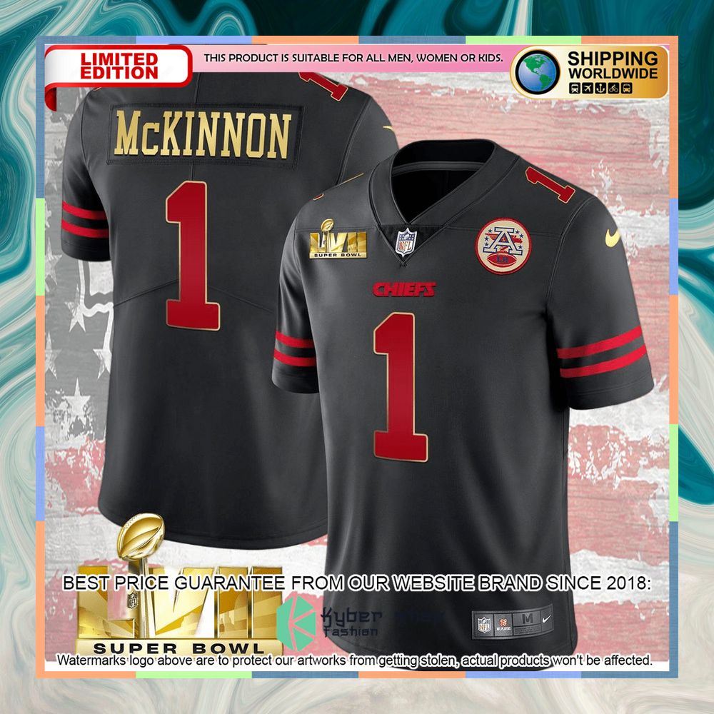 Black gold trim SUPER BOWL LVII Jerick McKinnon 1 Football Jersey 4 black gold trim super bowl lvii jerick mckinnon 1 football jersey 2 987