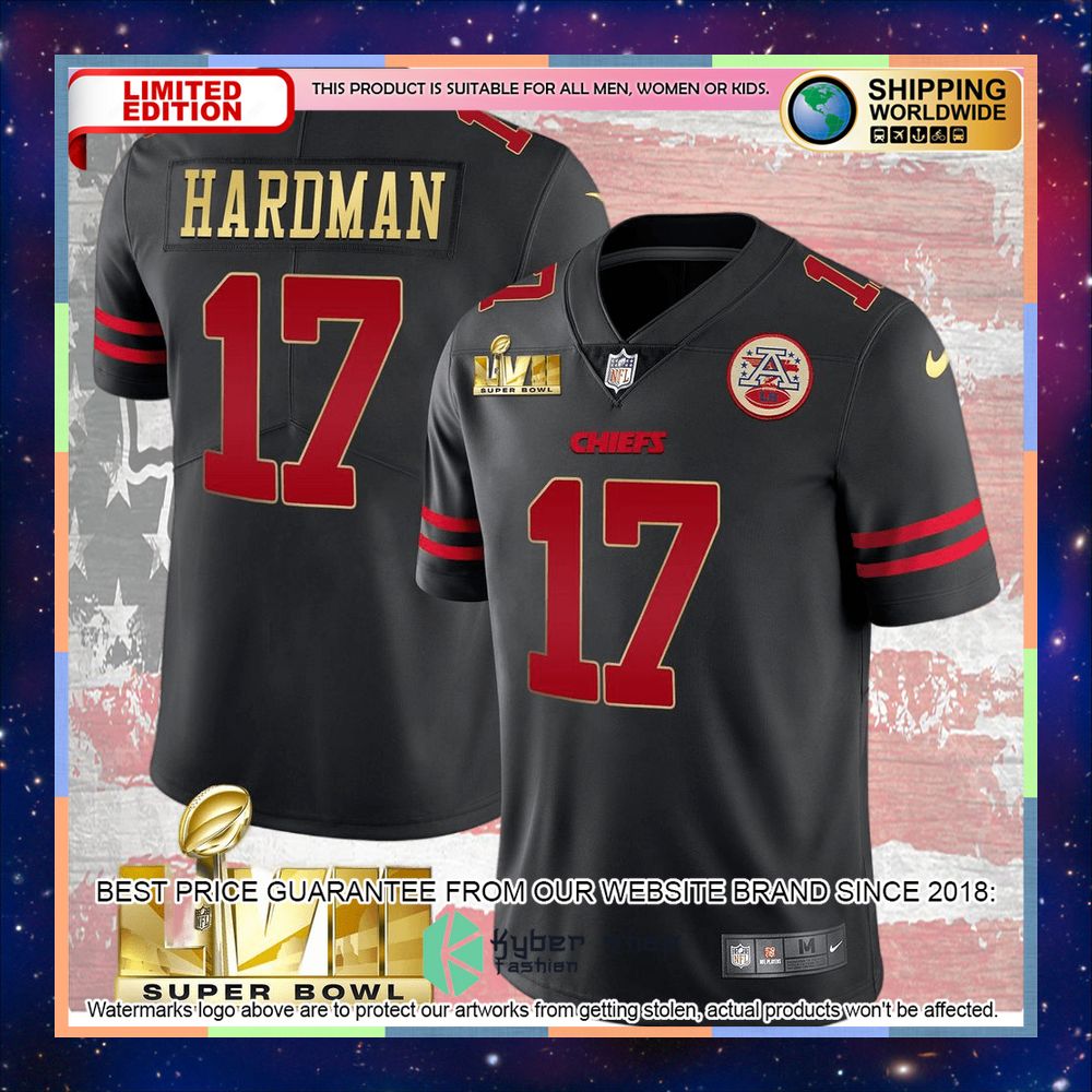 Black gold trim SUPER BOWL LVII Mecole Hardman 17 Football Jersey 6 black gold trim super bowl lvii mecole hardman 17 football jersey 2 173