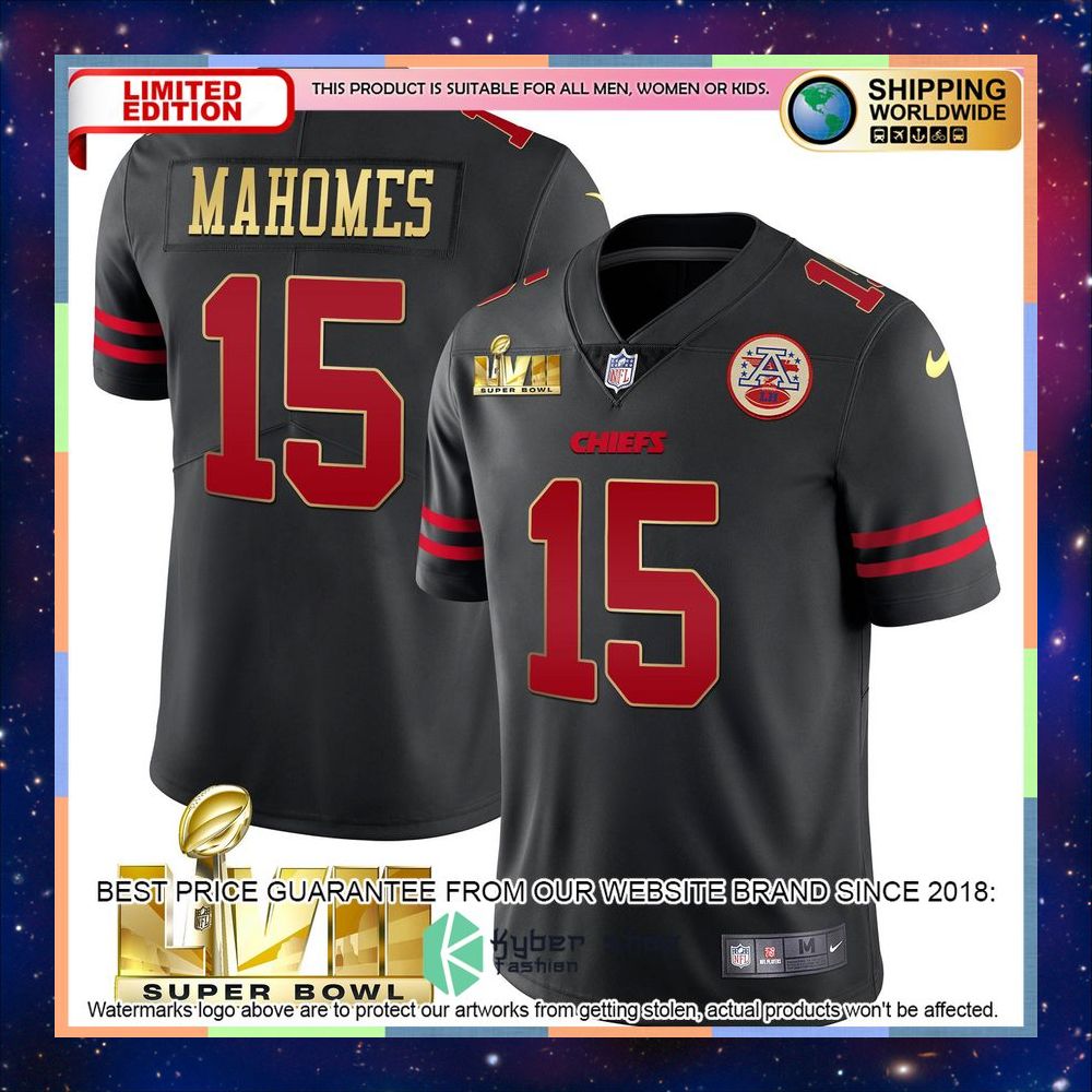 Black gold trim SUPER BOWL LVII Patrick Mahomes 15 Football Jersey 5 black gold trim super bowl lvii patrick mahomes 15 football jersey 1 14