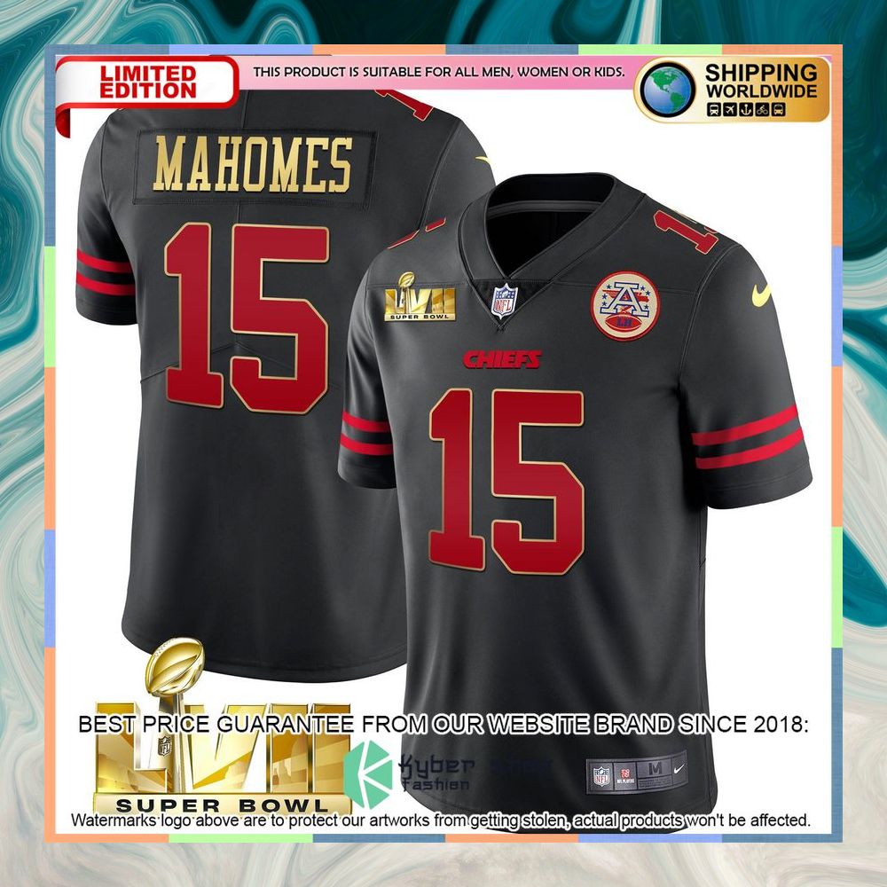 Black gold trim SUPER BOWL LVII Patrick Mahomes 15 Football Jersey 3 black gold trim super bowl lvii patrick mahomes 15 football jersey 1 694