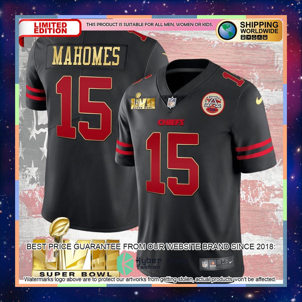 Black gold trim SUPER BOWL LVII Patrick Mahomes 15 Football Jersey 6 black gold trim super bowl lvii patrick mahomes 15 football jersey 2 684