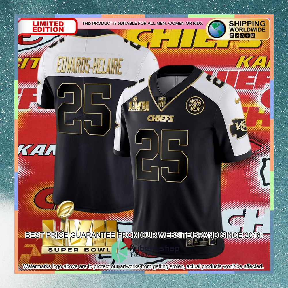 Clyde Edwards-Helaire 25 Super Bowl LVII Kansas City Chiefs Black White Alternate Football Jersey 4 clyde edwards helaire 25 super bowl lvii kansas city chiefs black white alternate football jersey 2 411