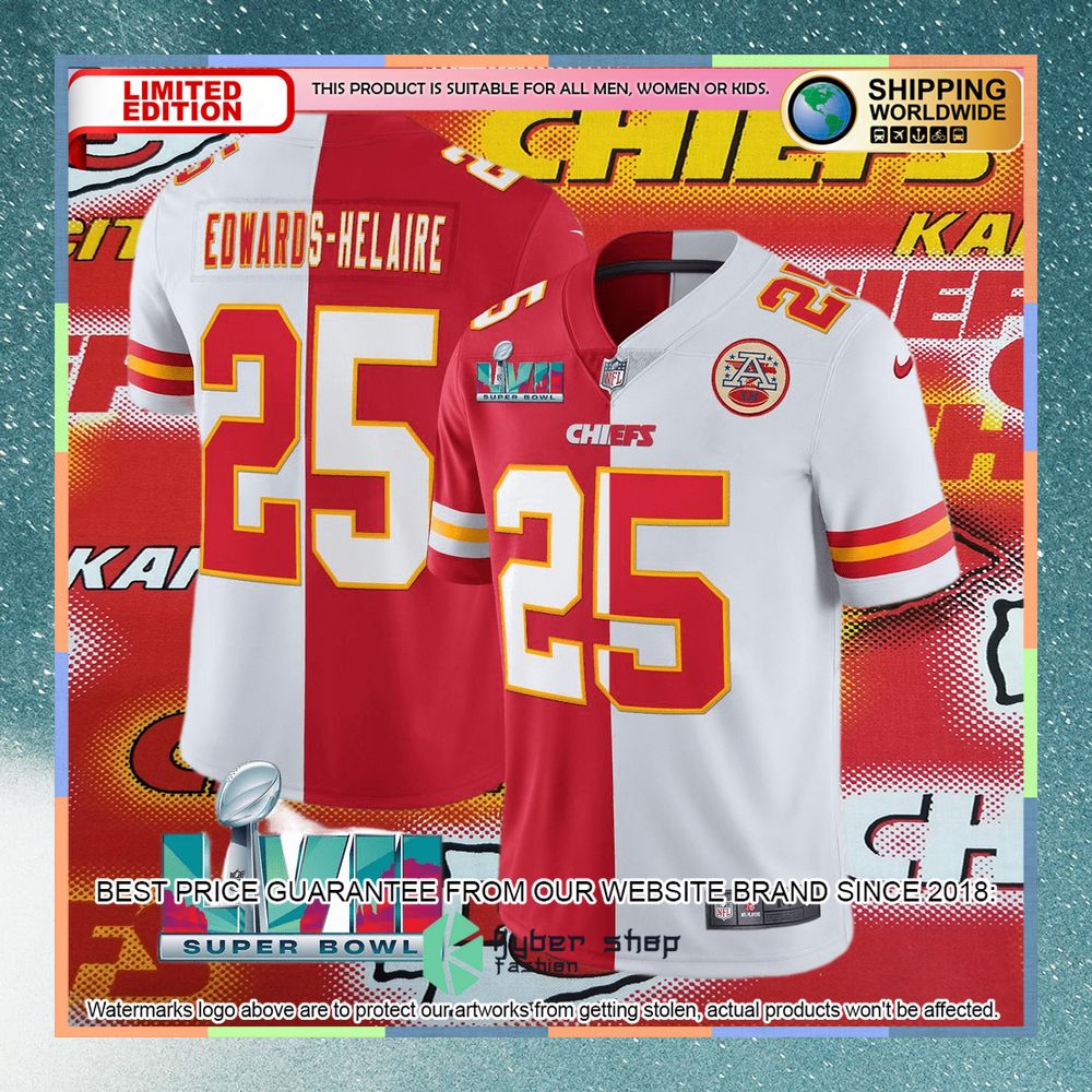 Clyde Edwards-Helaire 25 Super Bowl LVII Kansas City Chiefs Red White Split Football Jersey 4 clyde edwards helaire 25 super bowl lvii kansas city chiefs red white split football jersey 2 994