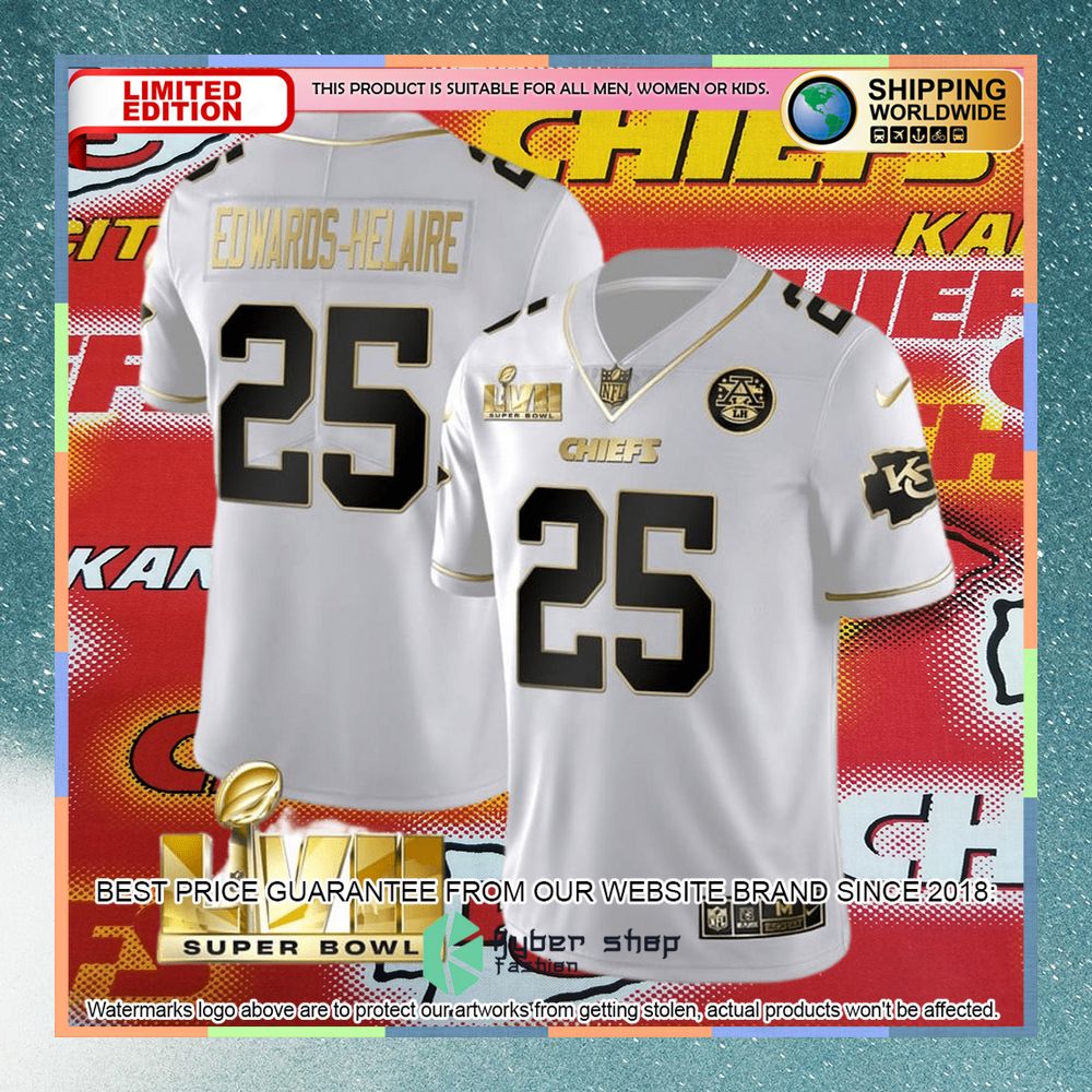 Clyde Edwards-Helaire 25 Super Bowl LVII Kansas City Chiefs White GOLD Football Jersey 4 clyde edwards helaire 25 super bowl lvii kansas city chiefs white gold football jersey 2 580