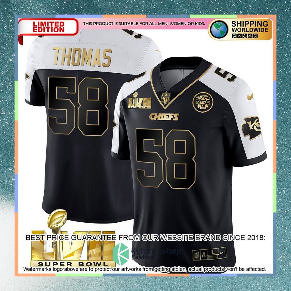 Derrick Thomas 58 Super Bowl LVII Kansas City Chiefs Black White Alternate Football Jersey 3 derrick thomas 58 super bowl lvii kansas city chiefs black white alternate football jersey 1 822