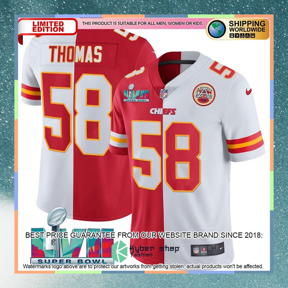 Derrick Thomas 58 Super Bowl LVII Kansas City Chiefs Red White Split Football Jersey 3 derrick thomas 58 super bowl lvii kansas city chiefs red white split football jersey 1 955